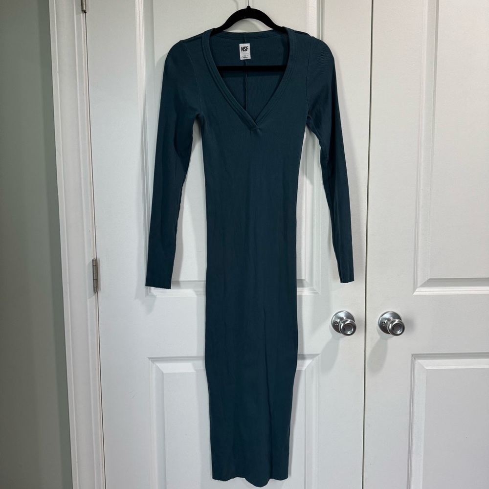 NSF V-Neck Ribbed Midi Long Sleeve Dress Bodycon Blue Green M